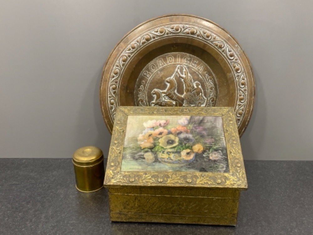 3 brass items including huge plate 56cms and coal box