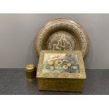 3 brass items including huge plate 56cms and coal box
