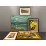 Oil on canvas maritime scene, oil on tin and various others
