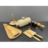 Stoneware hot water bottle, wooden butter pats and various dairy items