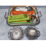 Handled silver plated tray with various silver plated pieces plus 3 rolls of stylised silver