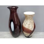 2 large coloured glass vases in purple and cream H43cm plus dark and light brown H36cm