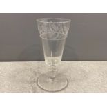 Mid 19th century bucket bowl drinking glass made in 3 parts with saucer knop and wheel engraving