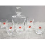 Clear glass decanter with stopper together with 6 crystal glass tumblers by Italian designer RCR