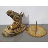 Vintage brass horse head wall plaque and polished brass sunny hours sundial