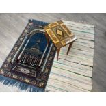 Sorrento ware sewing table, blue ground prayer rug and handmade clippy mat