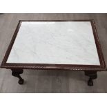 Mahogany framed marble top coffee table with claw and ball feet, 91x70cm H40