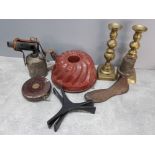 Metalware to include Diamonds Victorian brass push rod candlesticks, brass blow lamp, enamel jelly