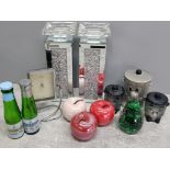 Mixed lot of items includes crystal effect all glass candle holders, babycham novelty salt and