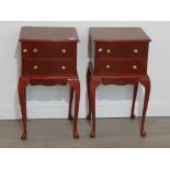 Pair of repro mahogany 2 drawer bedside chests with queen Anne legs and brass effect handles
