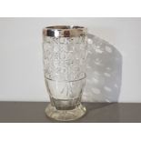 Large edwardian heavy cut glass vase with hallmarked Birmingham silver rim dated 1904. Height 19.5