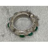 Antique Chinese Dragon bracelet silver metal with green cabochons