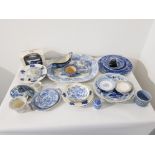 Crate of blue and white China including spode, early meat plate and boxed rington's tea pot
