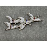 Erik Magnussen Denmark silver and enamel flying geese brooch. Flags on geese depicting the colours