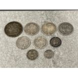 Coins Victorian silver 1889 crown, 1887, 1897 and 1901 half crowns 1900, 1901 Florins 1887 and