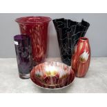 5 large nicely decorated glass pieces, 4 large vases, 1 large centre piece bowl, largest vase 41cm