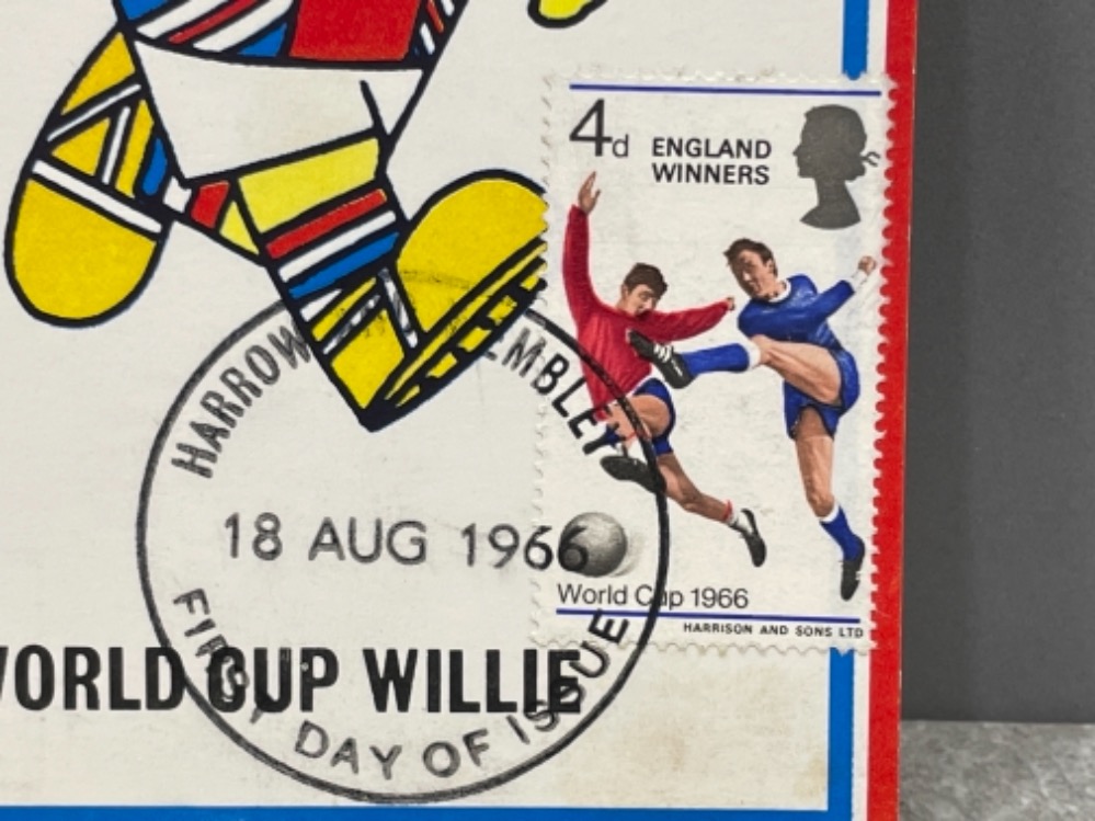 Football 1966 World Cup Willie official card with England winners stamp cancelled Harrow Wembley - Image 2 of 3