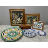 3 framed oriental style picture and 2 hand painted plates with carved box