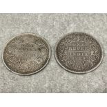 2 x Victoria Indian silver rupees 1887 and 1889 vf