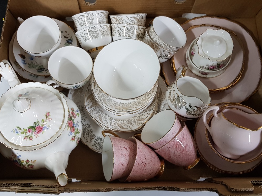 Box of miscellaneous part China teasets includes pink Royal Vale, Royal Albert moss rose teapot,