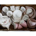 Box of miscellaneous part China teasets includes pink Royal Vale, Royal Albert moss rose teapot,