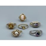 6 assorted 9ct gold rings including pearl and cameo