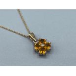 Ladies 9ct gold citrine diamond cluster pendant and chain