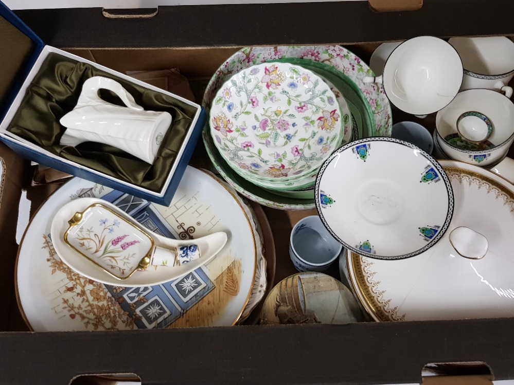 Box of miscellaneous items includes boxed royal Worcester jug, Minton plates, paragon cups and