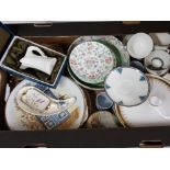 Box of miscellaneous items includes boxed royal Worcester jug, Minton plates, paragon cups and