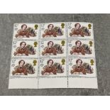 Stamps 1980 Charlotte bronte 12p um block of nine inc variety Missing P