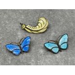 3 small Norway designer Aksel Holmsen silver and enamel brooches all vintage 2 butterflies and a