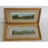 2 gilt framed oil paintings, both bridge scenes and signed indistinct bottom left, 66x36cm