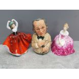 Royal Doulton the Physician toby jug and 2 royal Doulton lady figures Karen and Victoria