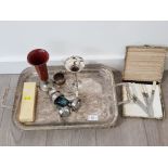 Silver plated footed tray with gallery plus 2 handles together with box of silver plated butter