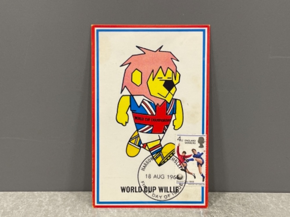 Football 1966 World Cup Willie official card with England winners stamp cancelled Harrow Wembley