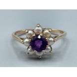 Ladies 9ct gold purple stone and pearl ring 2.6g size R