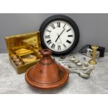 Miscellaneous items including spoons, clocks, treen and boxed cup and saucer set