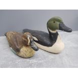 2 hand carved wooden American decoy ducks with glass eyes