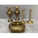 Mixed lot of brass items including bowl, candle holders and pair of urns