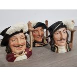 Large Royal Doulton character jugs the three musketeers, Aramis D6441 Athos D6452 and Porthos