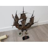 Armada Galleon wooden ship display, Ross marine London brass chart magnifying glass, brass topped