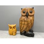 Large carved wooden owl 23cms with 1 other