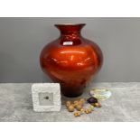 Large orange Spanish lustre vases 35cms with butterfly clock and a couple of animal ornaments