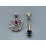 18ct white gold diamond pendant and pink stone cluster. 18ct gold diamond and oval sapphire drop