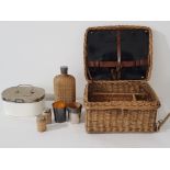 Vintage fishman picnic basket complete with lunch box drinking flask, cups etc