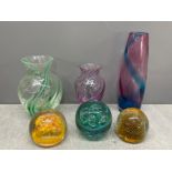 3 paperweights and 3 glass bud vases