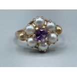 Ladies 9ct gold pearl and purple stone ring size K 2.76g