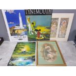 Whitley Bay and Tynemouth advertising posters together with 3 other pictures one with gilt framed