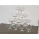 Set of 9 clear glass champagne drinking glasses 1930s plus one other vintage nicely etched glass