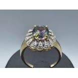 Ladies 9ct gold mystic topaz and diamond ring 2.83g size K